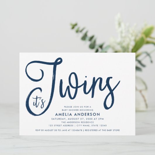 Blue Script & Pastel Blue Het is een tweeling Baby Kaart (Staand voorkant)