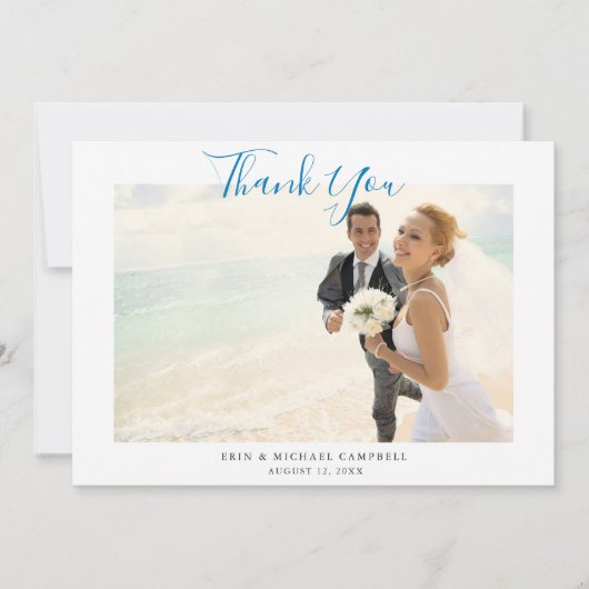 Blue Script Photo Beach Weddenschap Hartelijk dank Kaart (Voorkant)