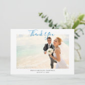 Blue Script Photo Beach Weddenschap Hartelijk dank Kaart (Staand voorkant)
