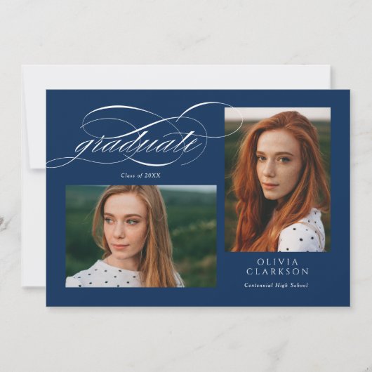 Blue Script QR Code 3 Photo Graduation Party Kaart (Voorkant)