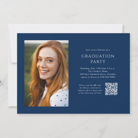 Blue Script QR Code 3 Photo Graduation Party Kaart (Achterkant)