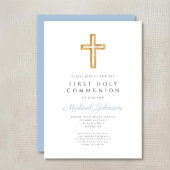 Blue Script Religious Cross Boy First Communion Kaart