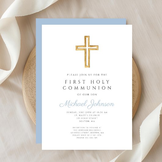 Blue Script Religious Cross Boy First Communion Kaart