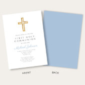 Blue Script Religious Cross Boy First Communion Kaart