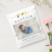 Blue Script Religious Cross Boy Foto Baptisme Bedankzakje (Gezegeld)