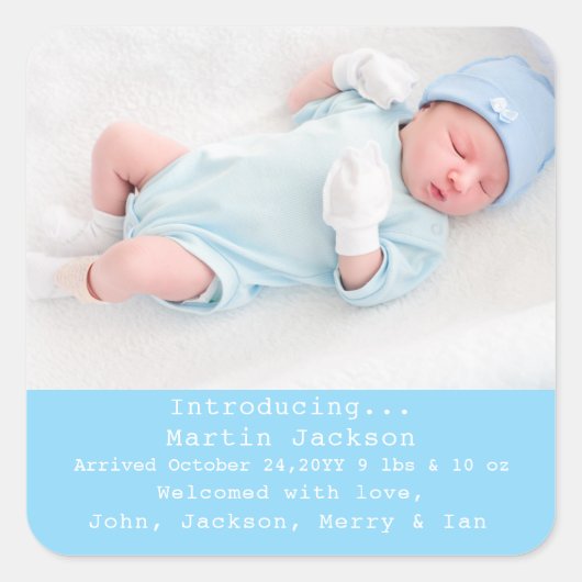 Blue Script Sweet Modern Boy Geboortefoto Vierkante Sticker (Voorkant)