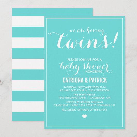 Blue Script Twins Baby shower Invitation Kaart (Voorkant / Achterkant)