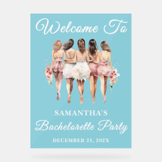 Blue Script Winter Bachelorette Party Welkom Acryl Bord (Voorkant)