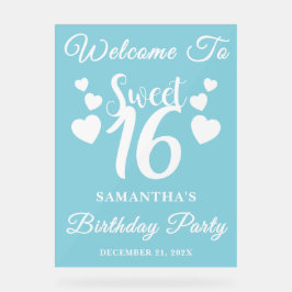 Blue Script Winter Sweet 16 Verjaardag Welkom Acryl Bord