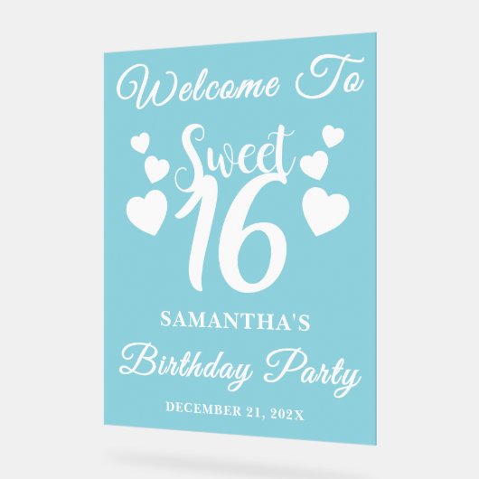 Blue Script Winter Sweet 16 Verjaardag Welkom Acryl Bord (Hoek)