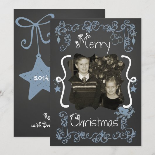 Blue Scrolls Gepersonaliseerd Foto Vakantie Kaart (Voorkant / Achterkant)