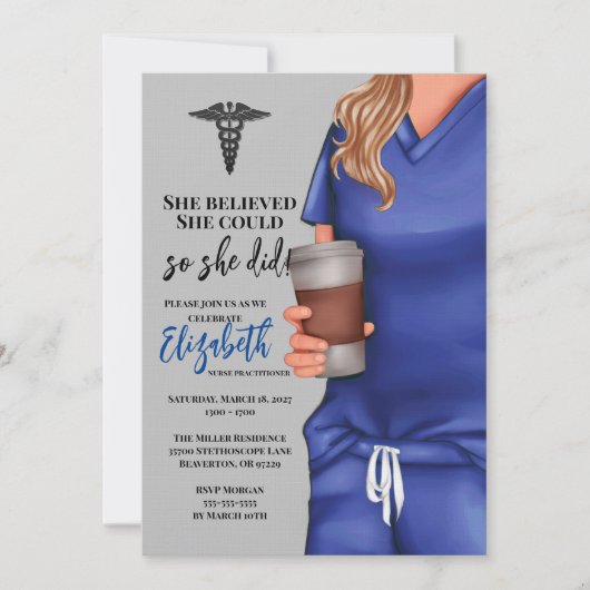Blue Scrubs Verpleegschool Afstuderen Uitnodiging (Voorkant)