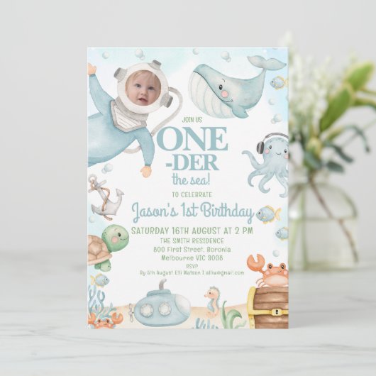 Blue Scuba Diver Onerder het Zee 1e Verjaardag Kaart (Staand voorkant)