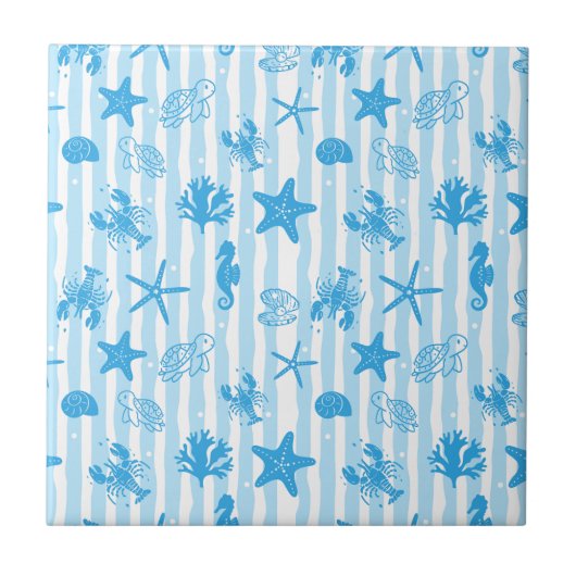 Blue Sea Creatures Nautical Doodle Pattern Tegeltje (Voorkant)