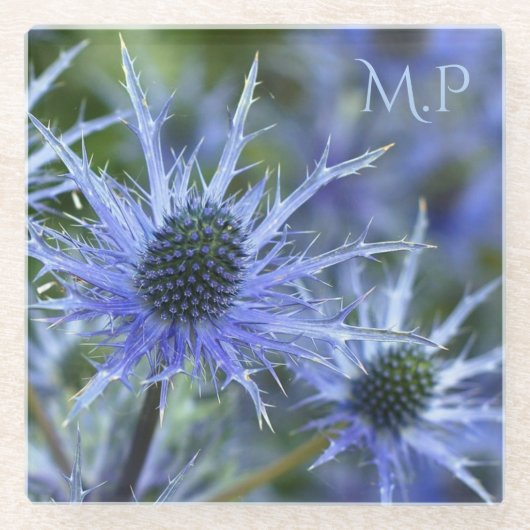 Blue Sea Holly Thistle Monogram Glazen Onderzetter (Voorkant)