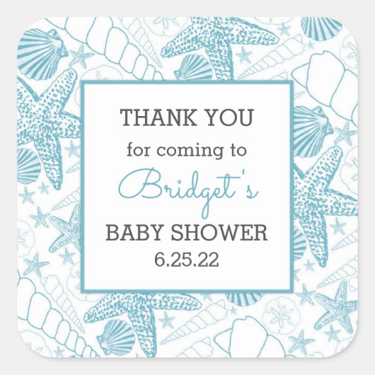 Blue Sea Shells baby shower gunst dank u Vierkante Sticker (Voorkant)