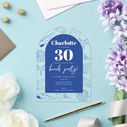 Blue Sea Shells Beach Summer Birthday Party Arch Acryl Uitnodigingen (Insitu (Huwelijk))