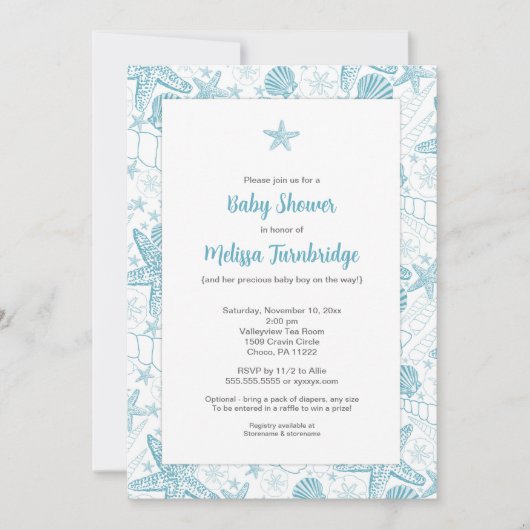 Blue Sea Shells Starfish boy baby shower uit te no Kaart (Voorkant)