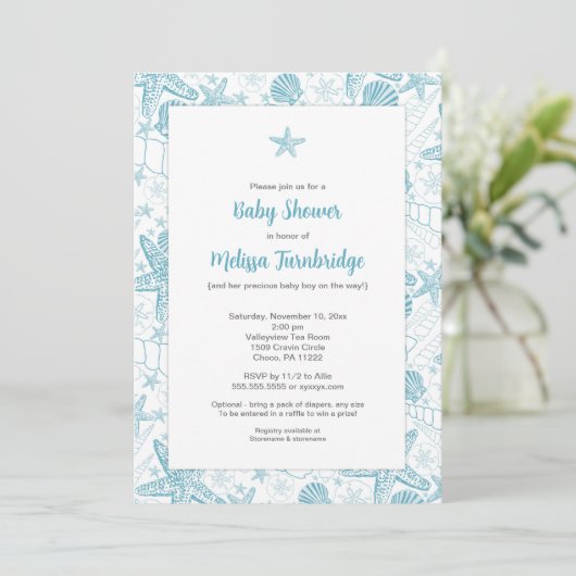 Blue Sea Shells Starfish boy baby shower uit te no Kaart (Staand voorkant)