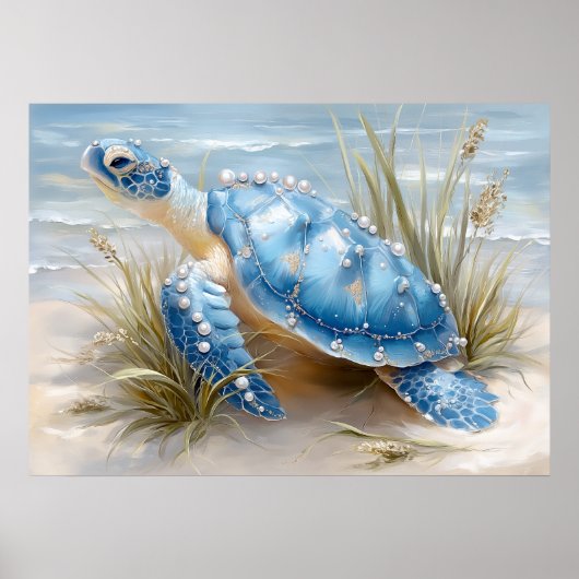 Blue Sea Turtle Coastal Beach Art Print | Poster (Voorkant)