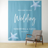 Blue Sea Wedding Welcome Sign Backdrop Wandkleed (In situ)