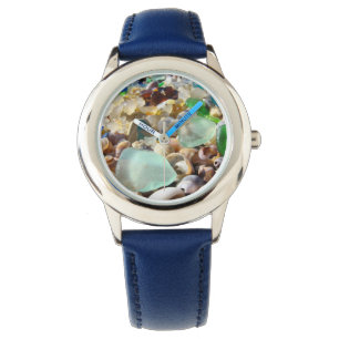 Blue Seaglass Watts aangepaste Zee Glass Shells Horloge