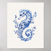 Blue Seahorse – Coastal Blue op Beige Wall Art Poster (Voorkant)