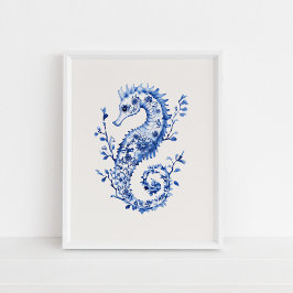 Blue Seahorse – Coastal Blue op Beige Wall Art Poster