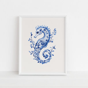 Blue Seahorse – Coastal Blue op Beige Wall Art Poster