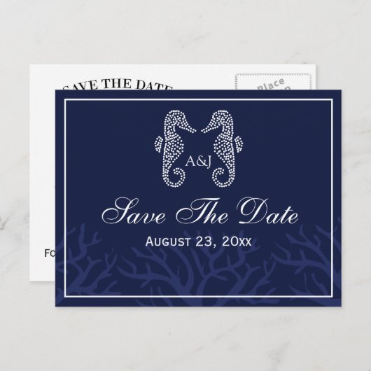 Blue Seahorse Monogram Save the Date Briefkaarten (Voorkant / Achterkant)