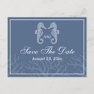 Blue Seahorse Monogram Save the Date Briefkaarten