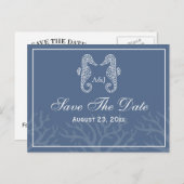 Blue Seahorse Monogram Save the Date Briefkaarten (Voorkant / Achterkant)