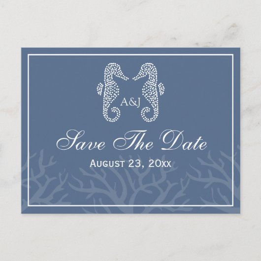 Blue Seahorse Monogram Save the Date Briefkaarten (Voorkant)