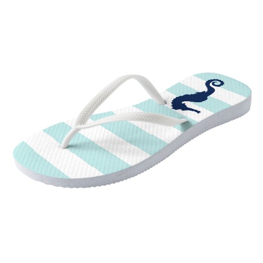 Blue Seahorse on Mint Stripes Teenslippers (Schuin)