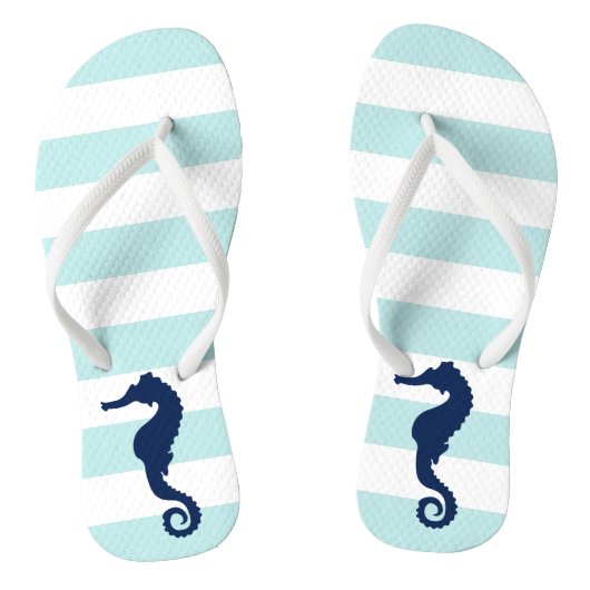 Blue Seahorse on Mint Stripes Teenslippers (Voetbed)
