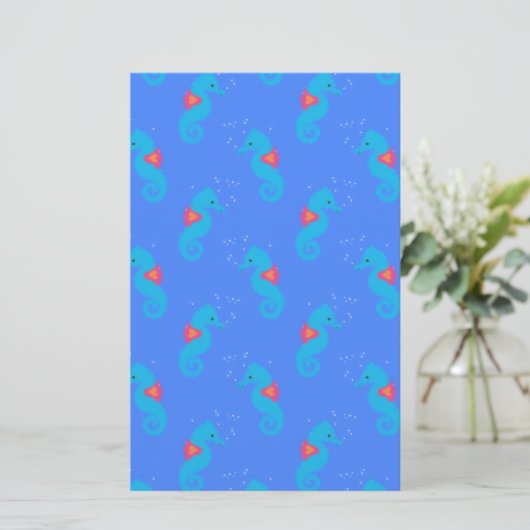 Blue Seahorse Pattern Briefpapier (Staand voorkant)