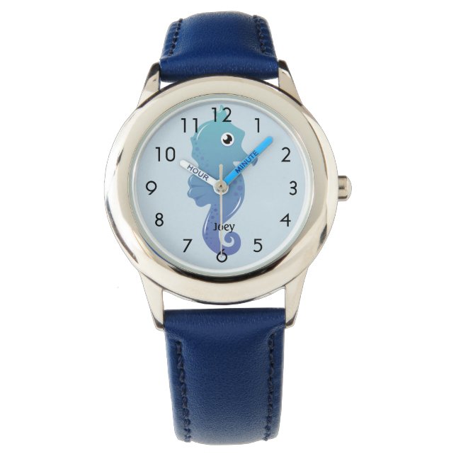 Blue Seahorse Personalized Child's Horloge (Voorkant)