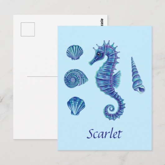 Blue Seahorse & Seashells Briefkaart (Voorkant / Achterkant)
