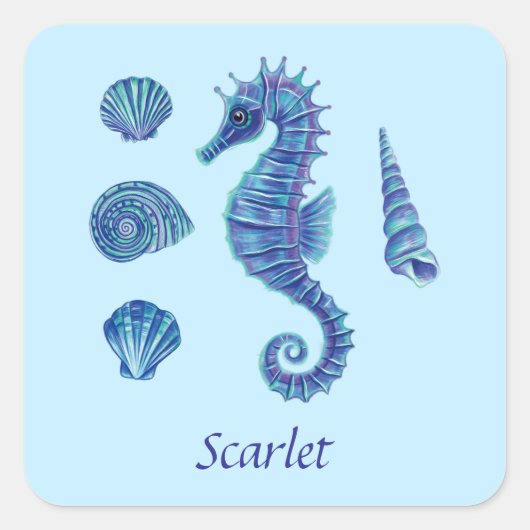  Blue Seahorse & Seashells Vierkante Sticker (Voorkant)