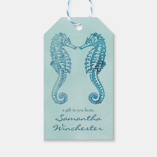 Blue Seahorse Waterverf Cadeaulabel (Voorkant)