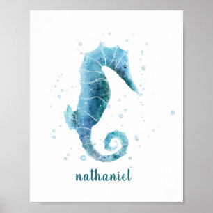 Blue Seahorse Waterverf Nautical Named Poster