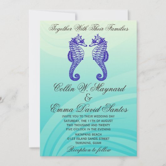 Blue Seahorse Wedding Invites Kaart (Voorkant)