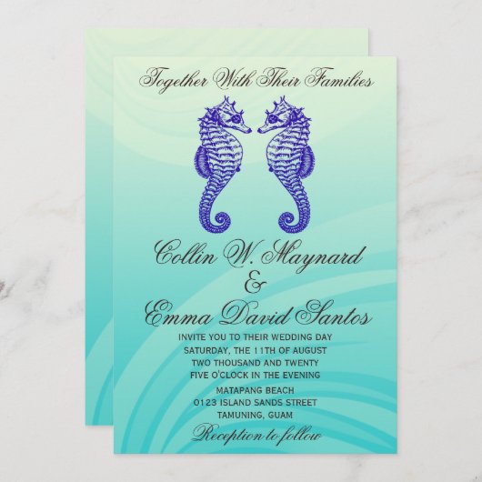 Blue Seahorse Wedding Invites Kaart (Voorkant / Achterkant)