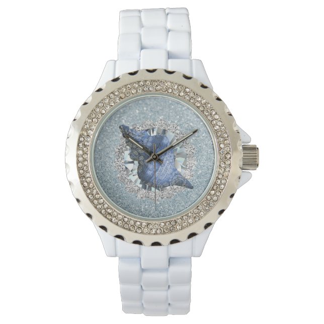 Blue Seashell Aquamarijn Jewel Faux Glitter Horloge (Voorkant)