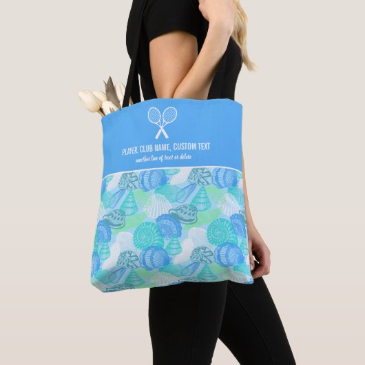 Blue Seashell Beach Print Custom Tennis Racket Tote Bag (Dichtbij)