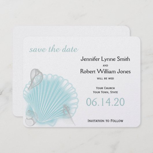 Blue Seashell Beach Weddenschap Save the Date (Voorkant / Achterkant)