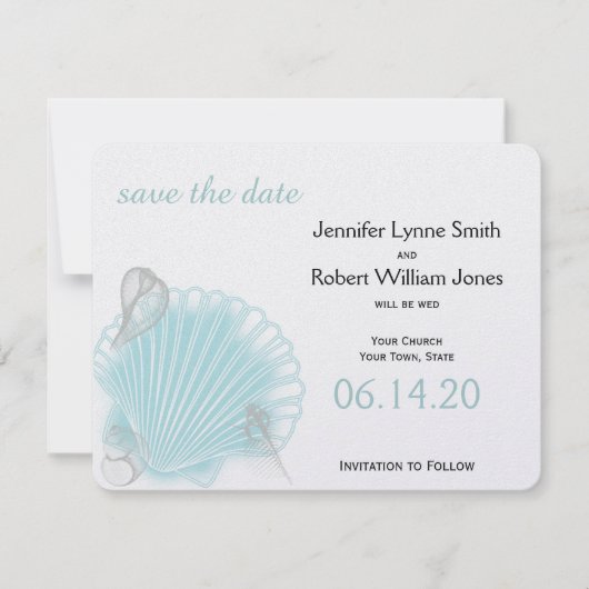Blue Seashell Beach Weddenschap Save the Date (Voorkant)