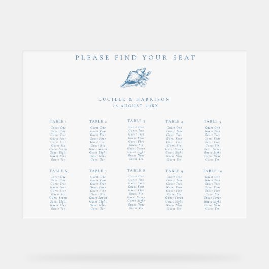 Blue Seashell Beach Wedding 10 Tafels Zitplan Acryl Bord (Voorkant)