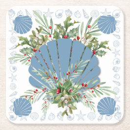 Blue Seashell Coastal Christmas Kartonnen Onderzetters
