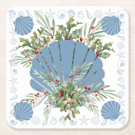 Blue Seashell Coastal Christmas Kartonnen Onderzetters (Voorkant)